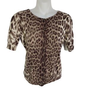 Talbots Petites Top Womens Size P Knit Brown Ivory Leopard Short Sleeve Button
